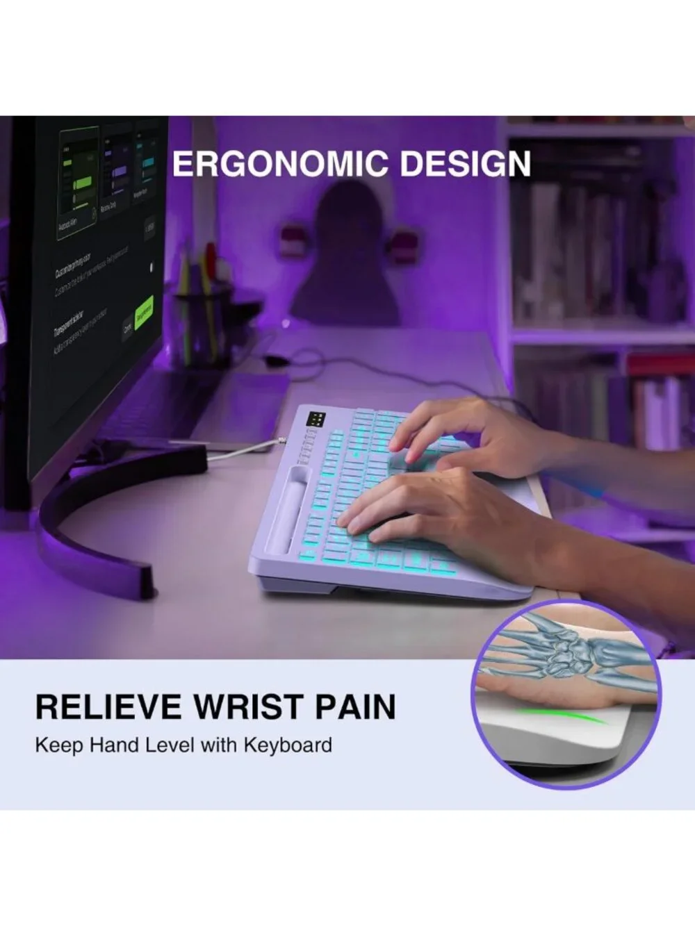 Large Print Backlit Wired USB Keyboard with 7-Color Lighting & Wrist Rest
